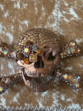 Embellished Skull Crossbones Deco Accent - Copper and Rhinestone. Belt buckle.